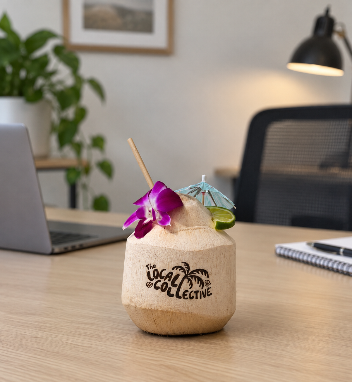 Coconut beverage product photographed on an ordinary office desk.