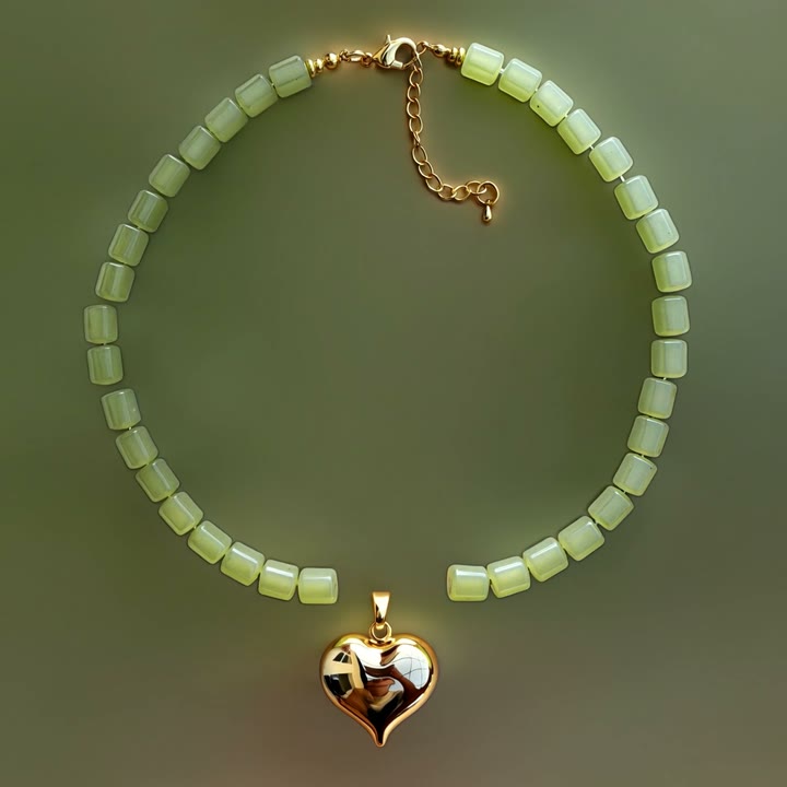 A green beaded necklace moving and changing orientation in soft directional light