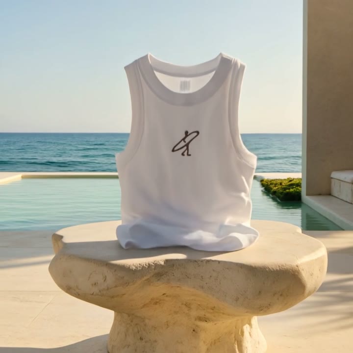 A white market tank top moving through tropical garden and coastal resort settings