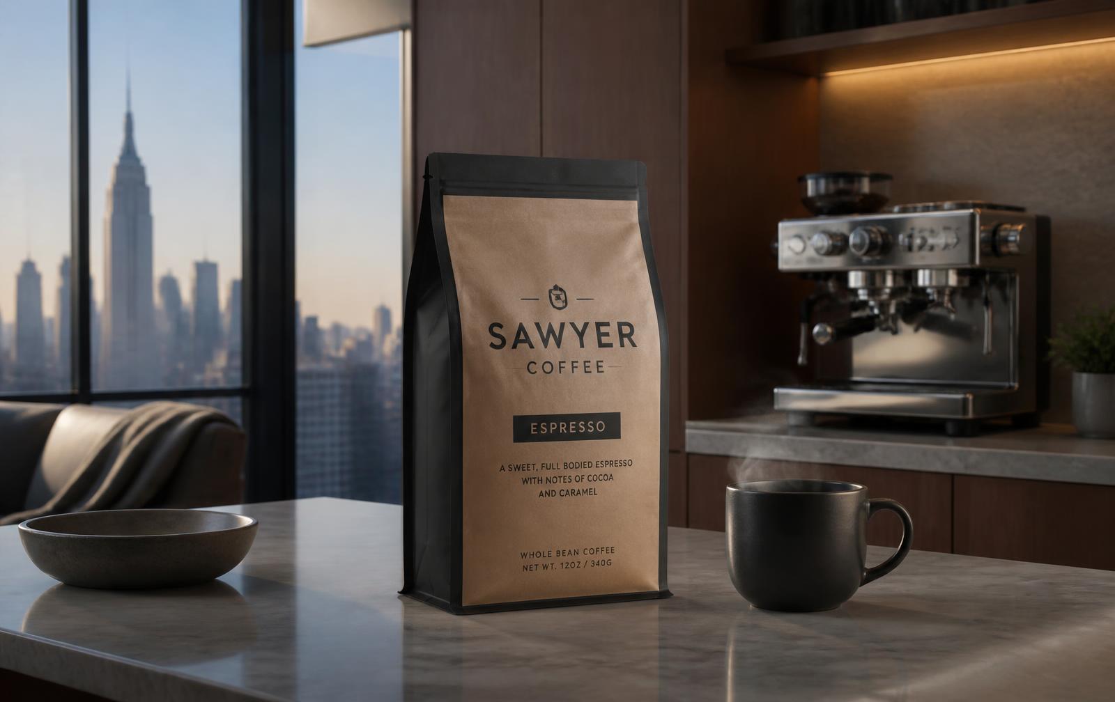 A branded coffee package photographed on a stone counter above the Manhattan skyline