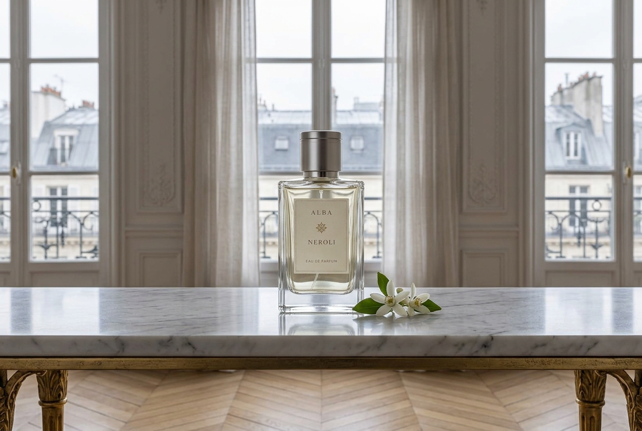 The same branded bottle used for studio-clean content in Paris apartment light