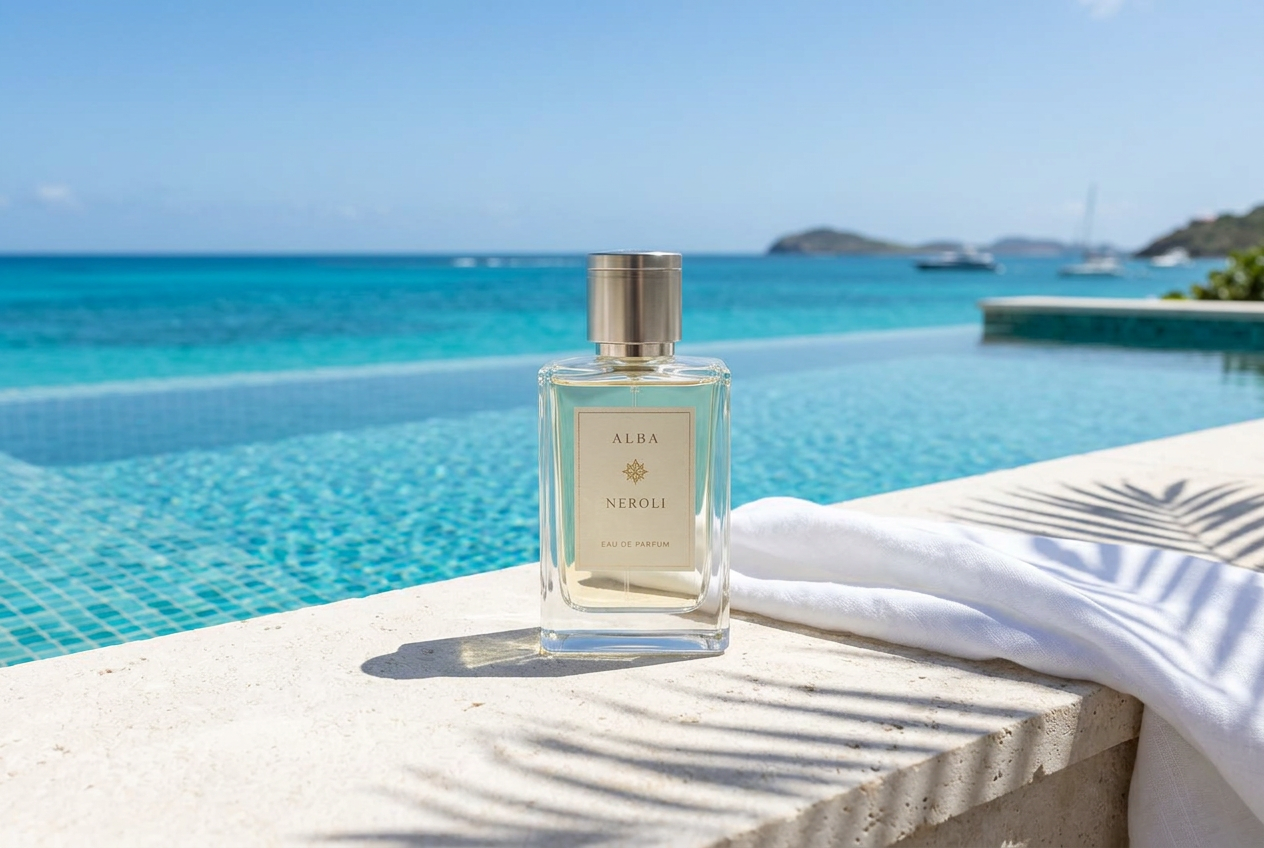 The same branded bottle used for social content in St Barts poolside