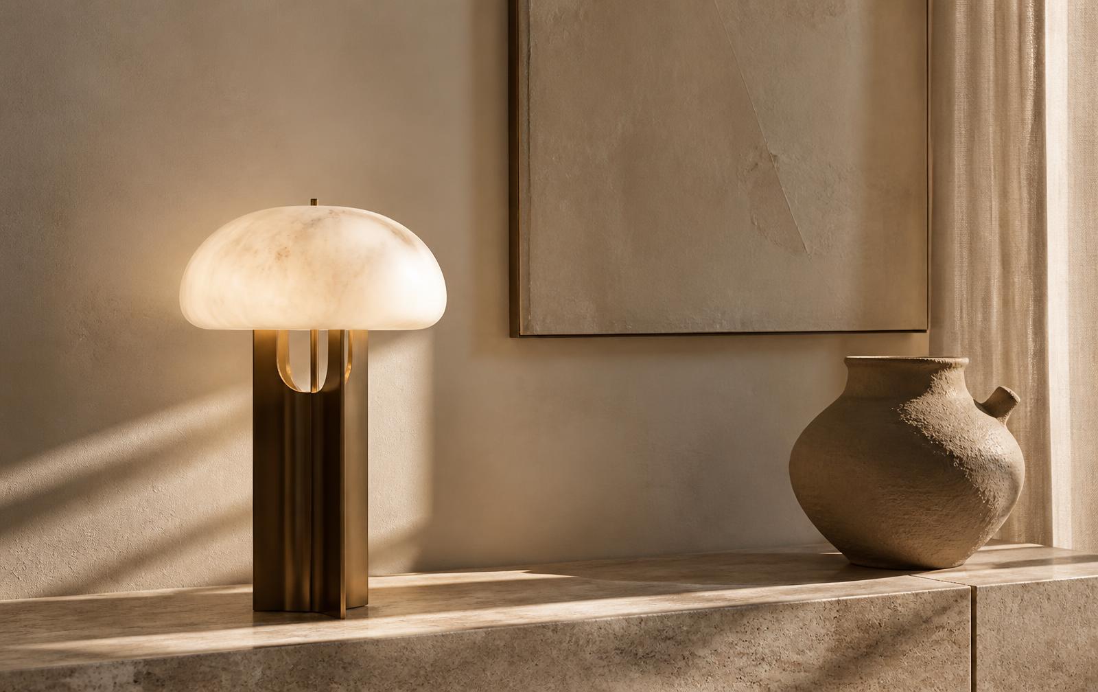 Lumen alabaster table lamp photographed in Contemporary interior