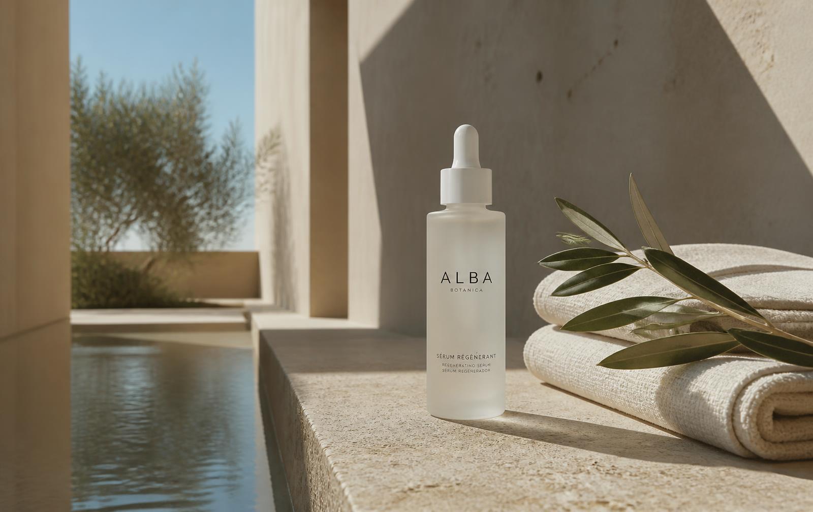 Alba skincare serum photographed in Mediterranean spa