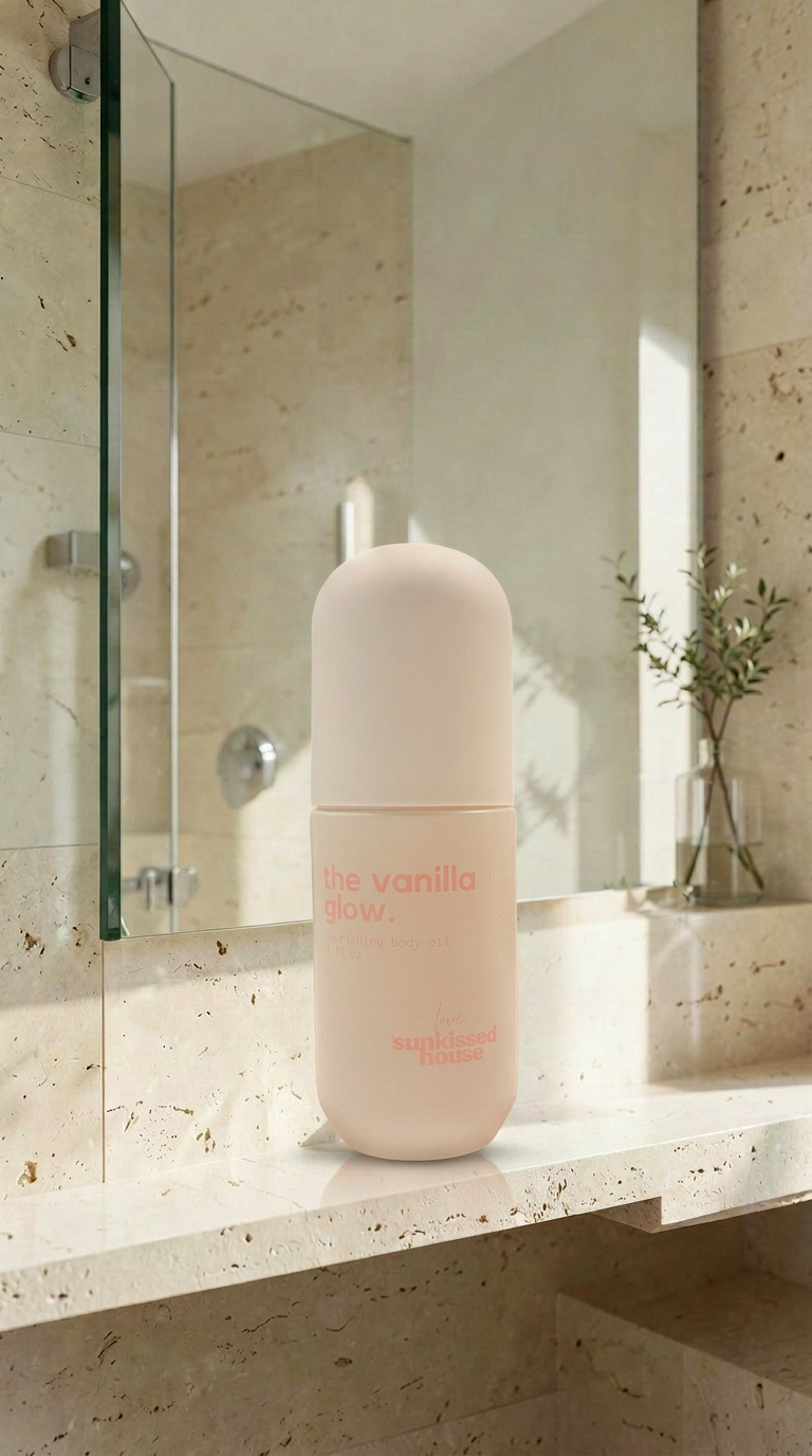 A body oil bottle staged on a sunlit stone bathroom vanity